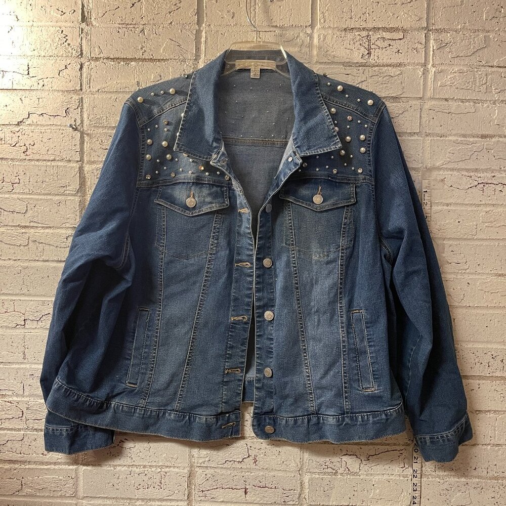 Est. 1946 Denim Pearl & Rhinestone Embellished Plus Size Jean Jacket 22/24W